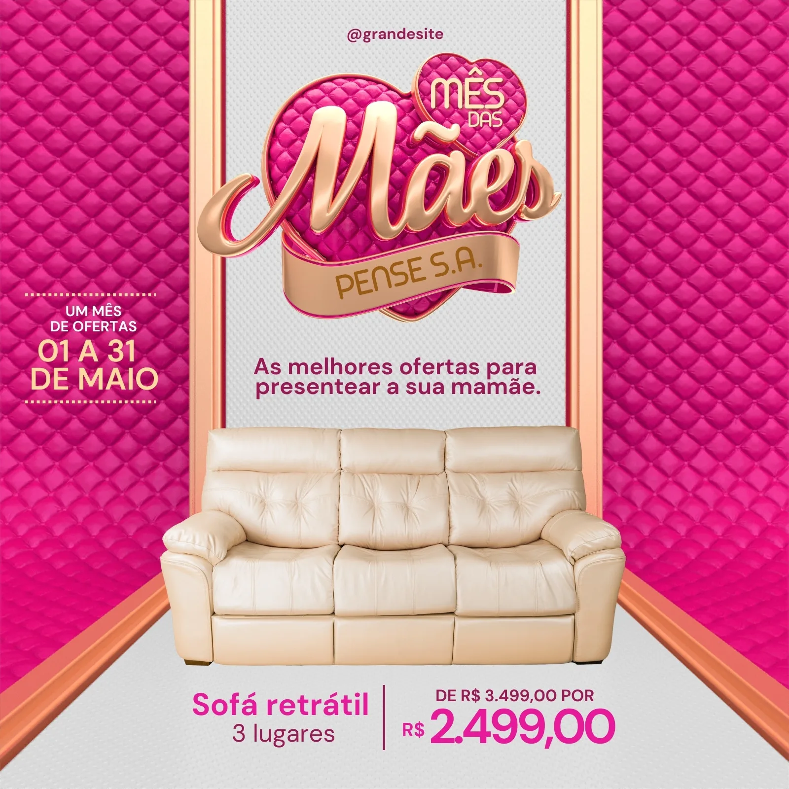 Template de post para Instagram e Facebook com tema de Dia das Mães. Fundo rosa texturizado, com o título 'Mês das Mães' em destaque. Um sofá retrátil bege é exibido com preço promocional, convidando a promoções de lojas de móveis.