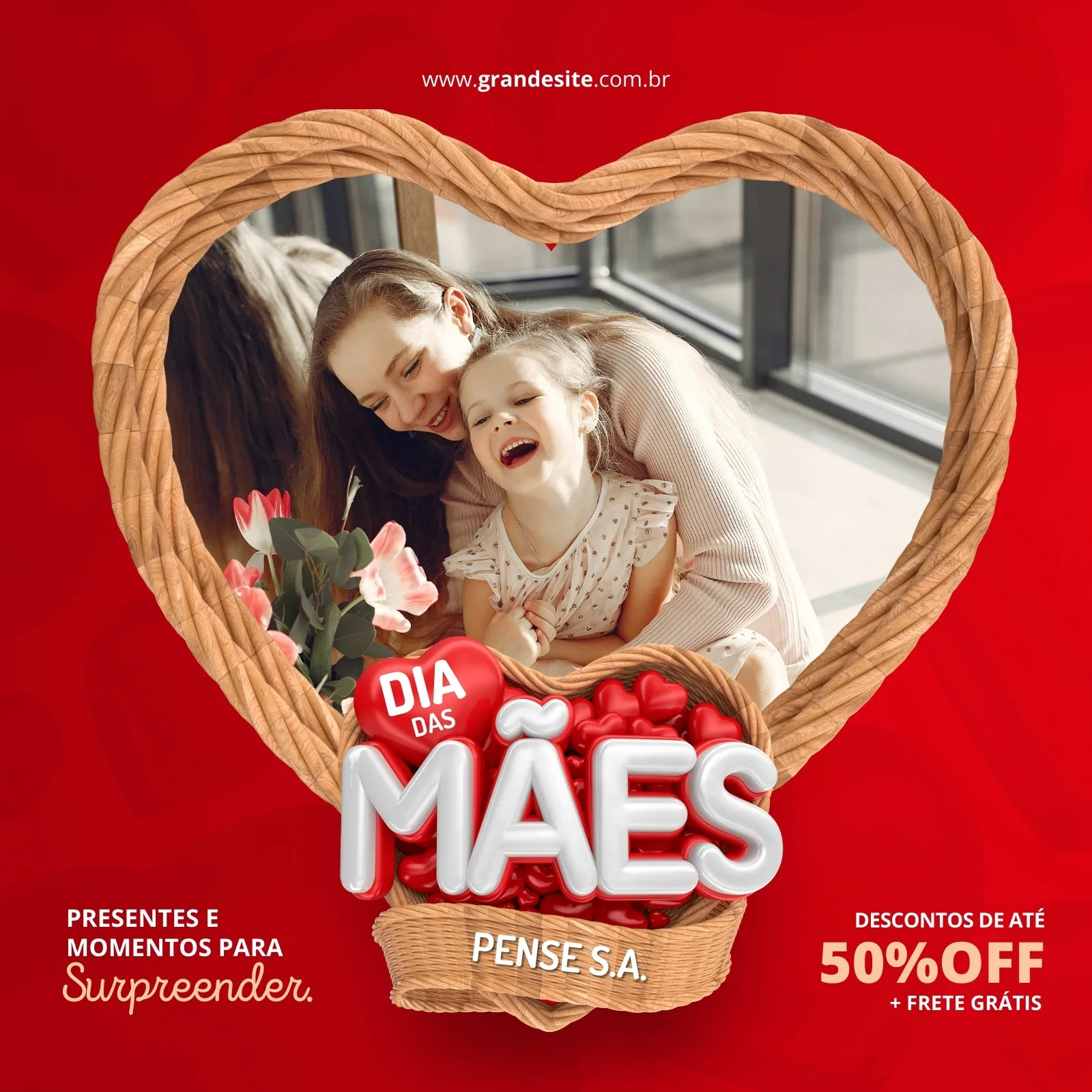Template de post para Instagram e Facebook com moldura em formato de coração de corda, exibindo uma mãe e filha sorrindo. O texto 'Dia das Mães' em destaque, com ofertas de 50% off e frete grátis, ideal para comércios.