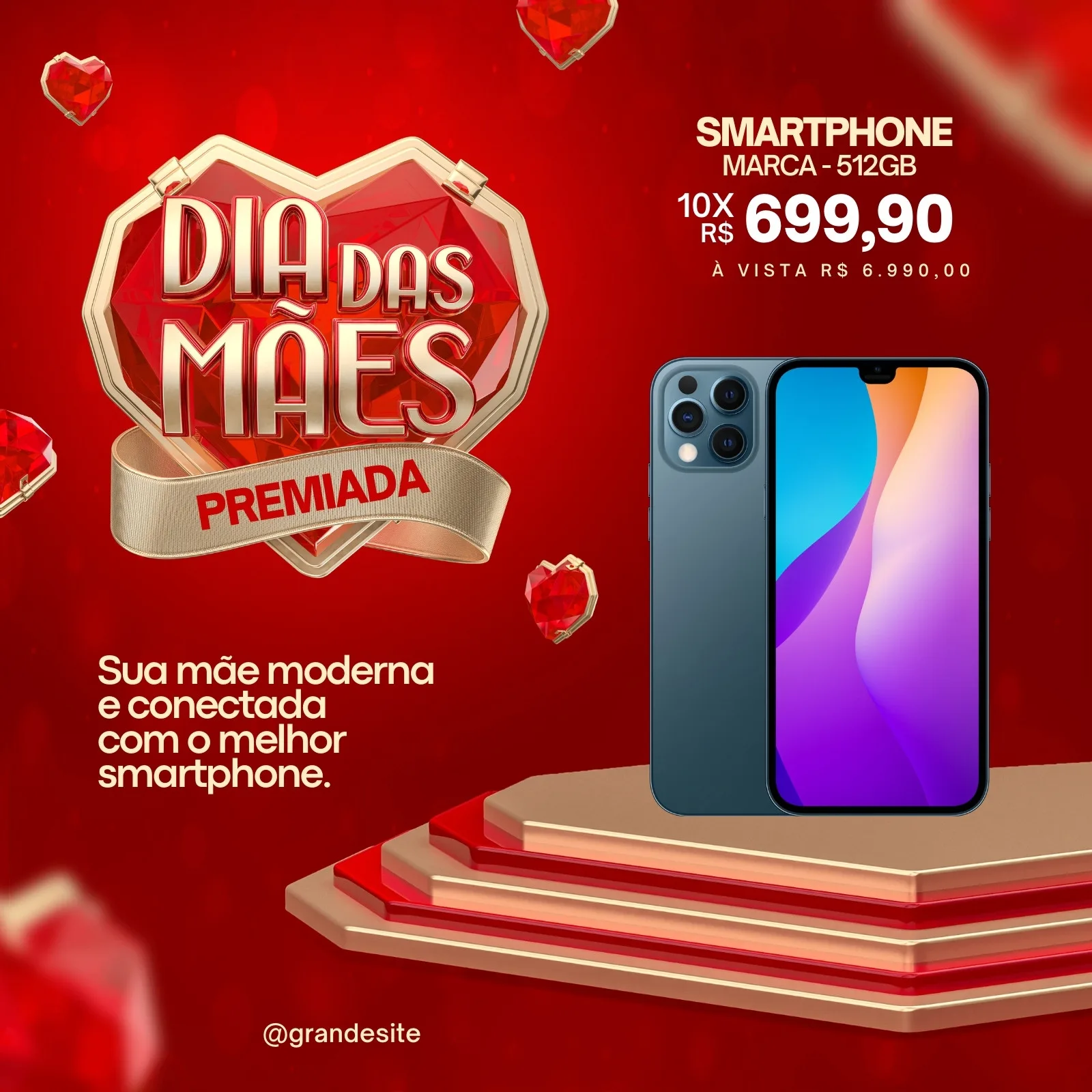 Post para redes sociais com tema de Dia das Mães, destacando um smartphone moderno em oferta. O design é vermelho vibrante com corações e um selo 'Dia das Mães Premiada', promovendo um presente tecnológico para a data.