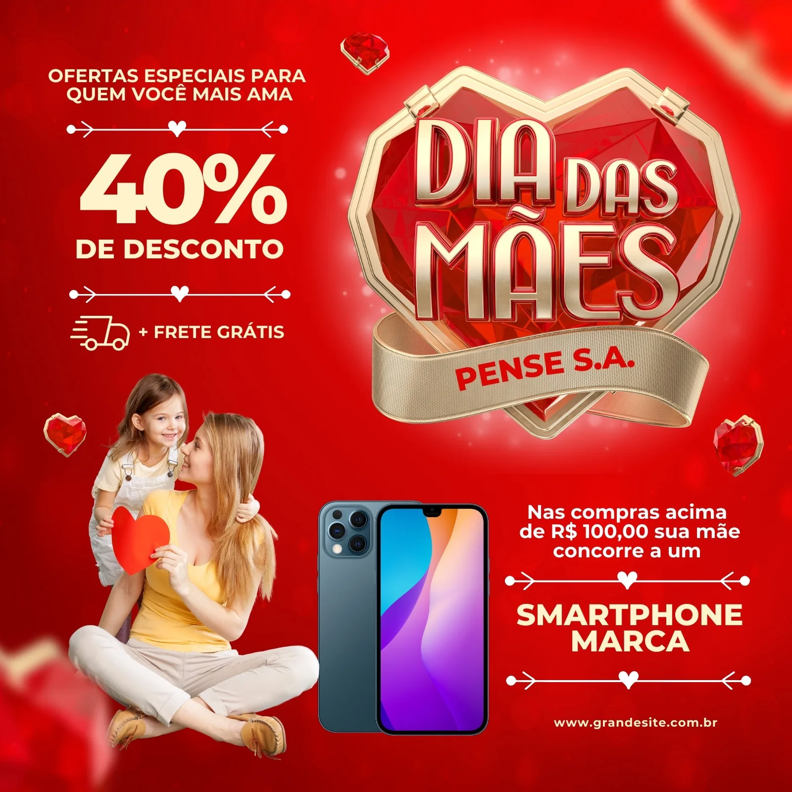 Post para Instagram e Facebook com tema de Dia das Mães. Fundo vermelho vibrante com detalhes dourados. Apresenta uma mãe e filha sorrindo, oferta de 40% de desconto, frete grátis e sorteio de smartphone. Promocional e festivo.