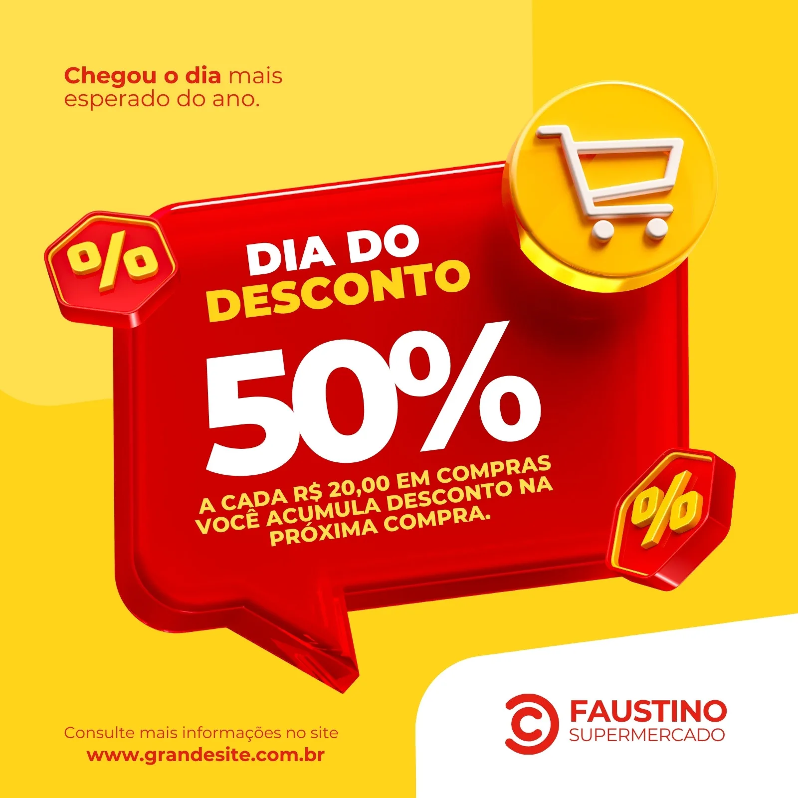 Post para redes sociais anunciando o Dia do Desconto com 50% OFF. Um balão de fala vermelho com o texto 'DIA DO DESCONTO 50%' em destaque sobre fundo amarelo. Ícones de porcentagem e carrinho de compras completam o visual promocional.