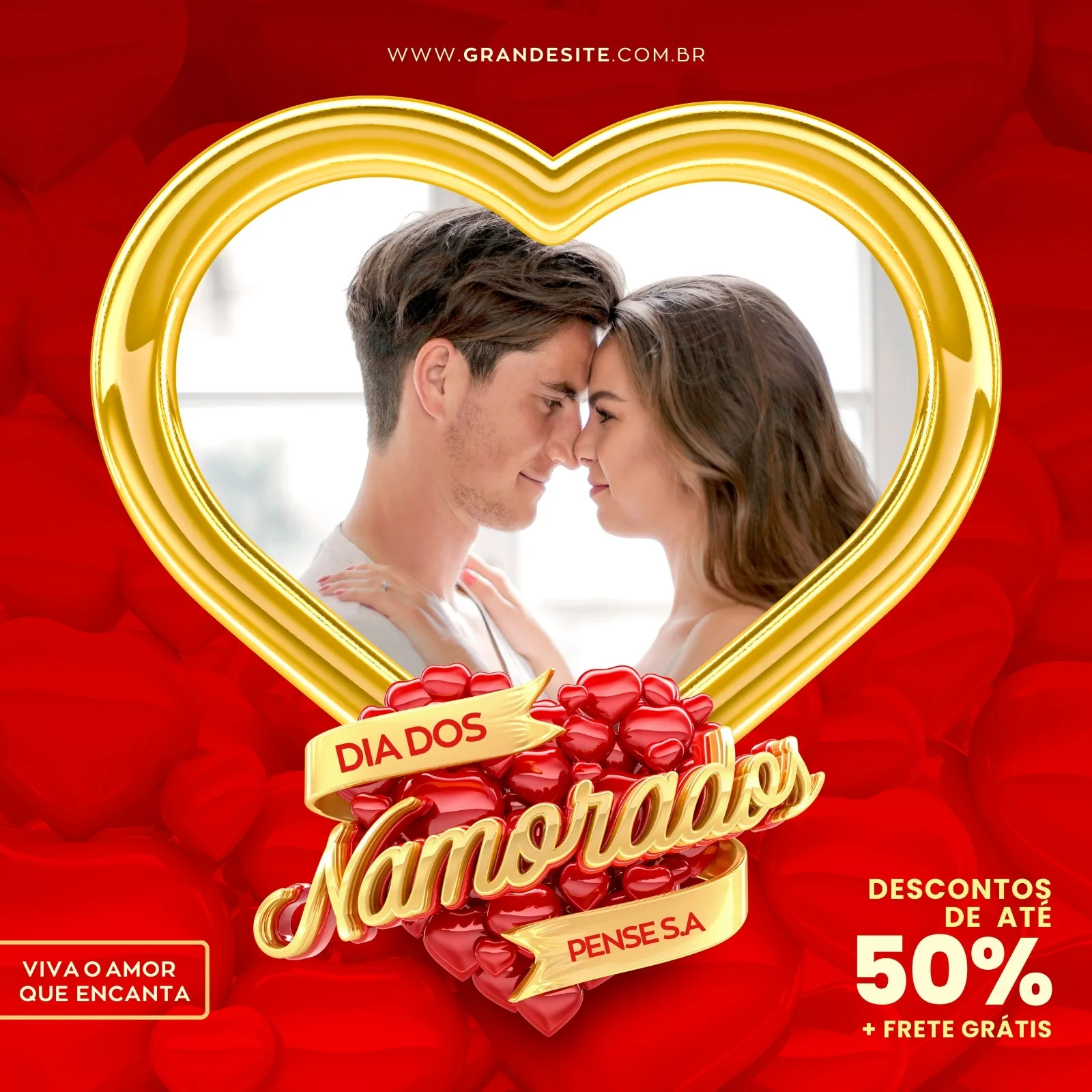 Template de post para Instagram com tema de Dia dos Namorados. Um casal jovem com os rostos próximos emoldurados por um coração dourado. Um laço vermelho com corações menores exibe a frase 'Dia dos Namorados'. Ao lado, um anúncio de 'Descontos de até 50% + Frete Grátis'. O fundo é vermelho com corações.