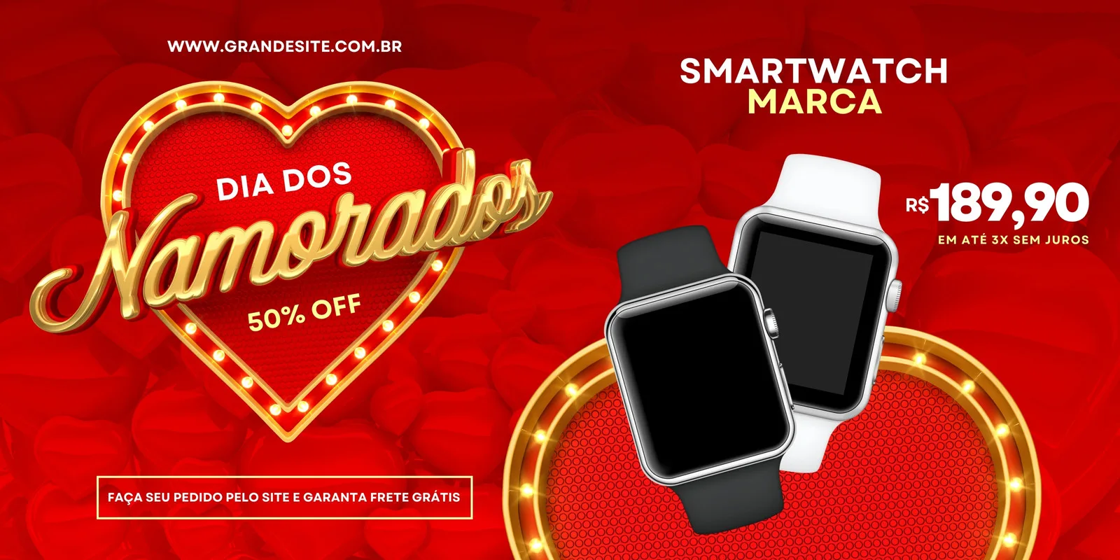 Banner horizontal vermelho com corações e luzes, promovendo smartwatches com 50% de desconto para o Dia dos Namorados. Inclui preço e chamada para ação de compra online.
