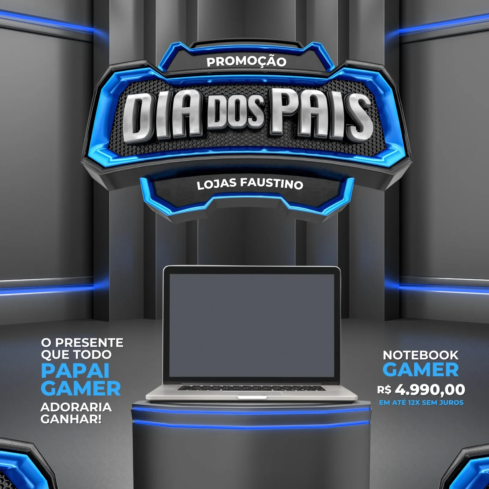 Post para Instagram com tema de Dia dos Pais, apresentando um notebook gamer em promoção. O design é moderno, com cores preto, azul e branco, e elementos que remetem ao universo gamer, com texto 'Promoção Dia dos Pais' e detalhes de lojas.