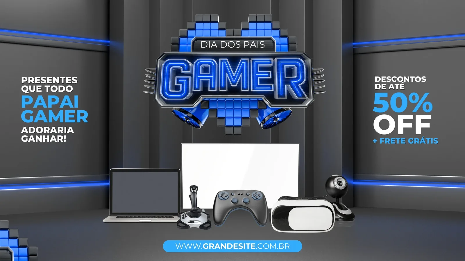 Banner horizontal com tema gamer para o Dia dos Pais. Fundo preto e azul, com elementos como controle de videogame, óculos VR, laptop e webcam. Destaca "Dia dos Pais Gamer", "Presentes que todo papai gamer adoraria ganhar" e "Descontos de até 50% OFF + Frete Grátis".