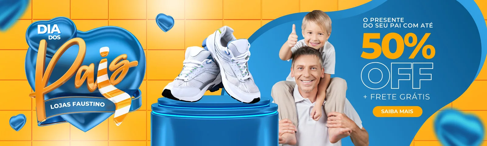 Banner horizontal para o Dia dos Pais com um pai e filho sorrindo, um par de tênis em destaque e a oferta de 50% OFF mais frete grátis. O design utiliza cores vibrantes como azul, laranja e branco, com elementos gráficos temáticos.