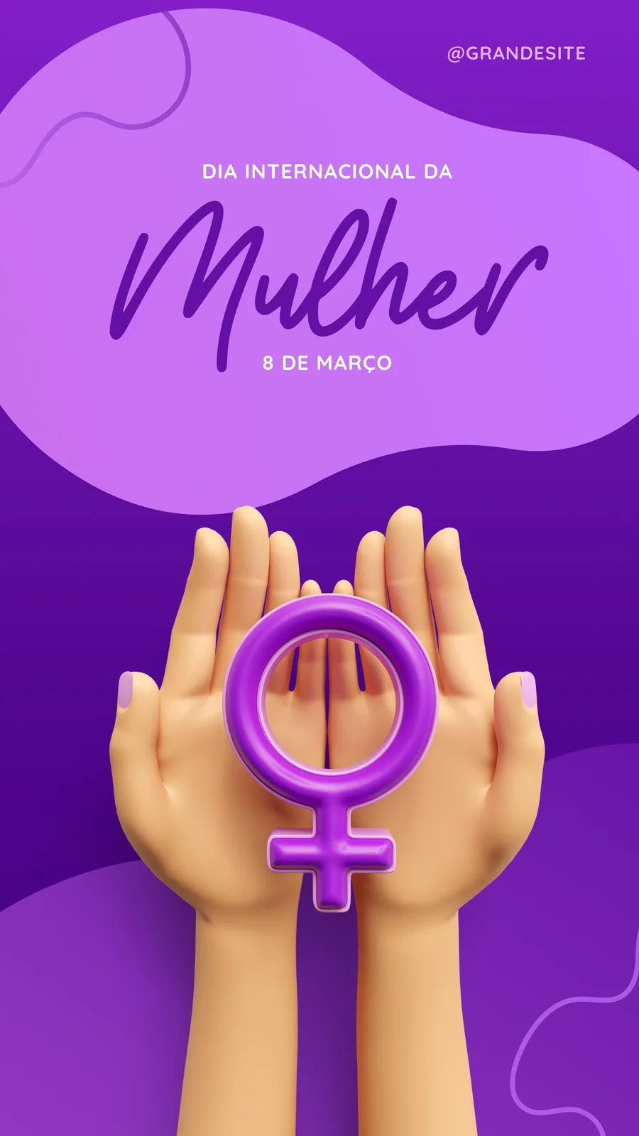 Template de Instagram Story em tons de roxo celebrando o Dia Internacional da Mulher, com o símbolo feminino em destaque sobre mãos abertas em 3D, evocando força e união.