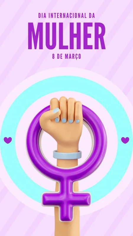 Template de story para Instagram com o tema Dia Internacional da Mulher. Apresenta um punho cerrado segurando o símbolo feminino em 3D, em tons de roxo e azul claro, sobre um fundo lilás com listras diagonais. Destaca a mensagem 'Dia Internacional da Mulher' e '8 de Março'.