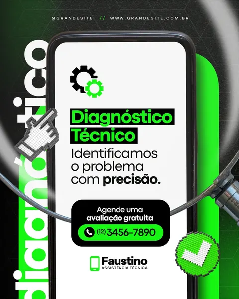 Post para Instagram de assistência técnica de smartphones com fundo preto e verde. Destaca 'Diagnóstico Técnico' e 'Identificamos o problema com precisão', com botão para agendar avaliação gratuita e telefone. Inclui ícones de engrenagem, cursor e checkmark.