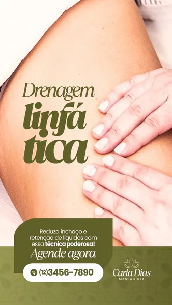 Close-up de mãos aplicando massagem de drenagem linfática em uma área do corpo. O texto sobreposto diz 'Drenagem Linfática' com um botão de 'Agende agora' e um número de telefone. O design é em tons de verde e branco, com um estilo clean e profissional.