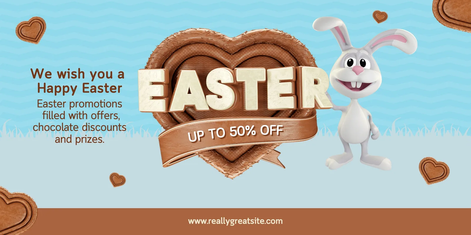 Banner horizontal de Páscoa com um coelho branco sorridente ao lado de um grande coração de chocolate com a palavra 'EASTER' e a oferta 'UP TO 50% OFF'. Pequenos corações de biscoito e grama azul completam o cenário festivo.
