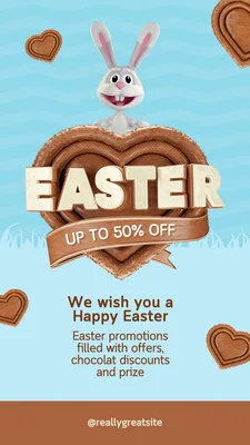 Template de Story para Instagram com tema de Páscoa. Um coelho fofo aparece acima de um coração de chocolate com a palavra "EASTER" e "UP TO 50% OFF". O fundo é azul claro com grama e biscoitos em formato de coração.