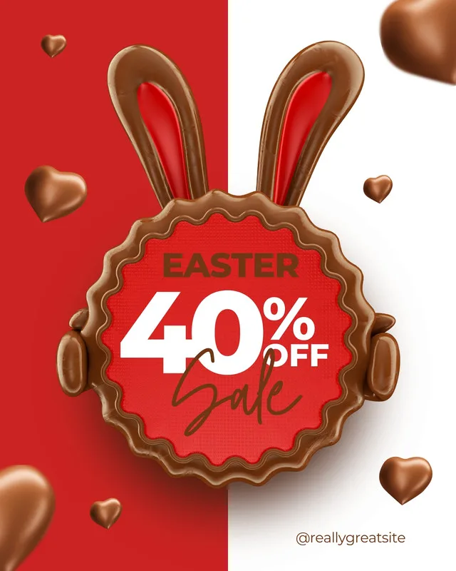 Template de story para Instagram com tema de Páscoa. Fundo dividido em vermelho e branco, com corações de chocolate e orelhas de coelho. O centro exibe 'Easter 40% OFF Sale' em destaque, com borda em formato de biscoito de chocolate.