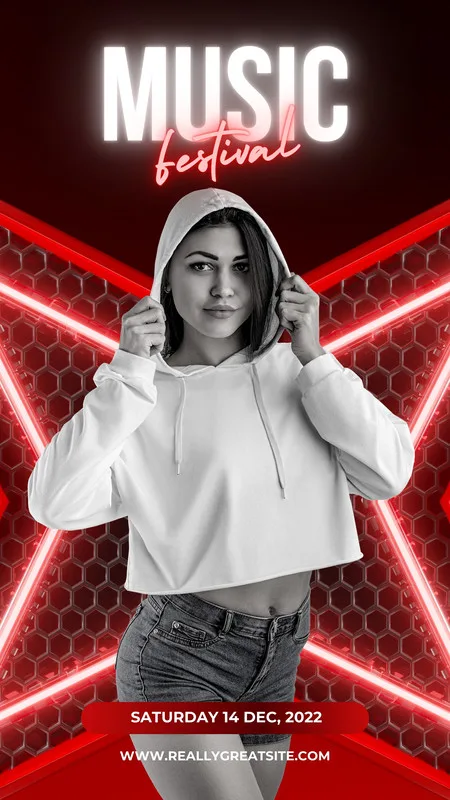 Template para Instagram Story de festival de música eletrônica, com fundo preto e vermelho neon, uma mulher jovem com capuz e shorts jeans, e texto luminoso 'MUSIC festival'.