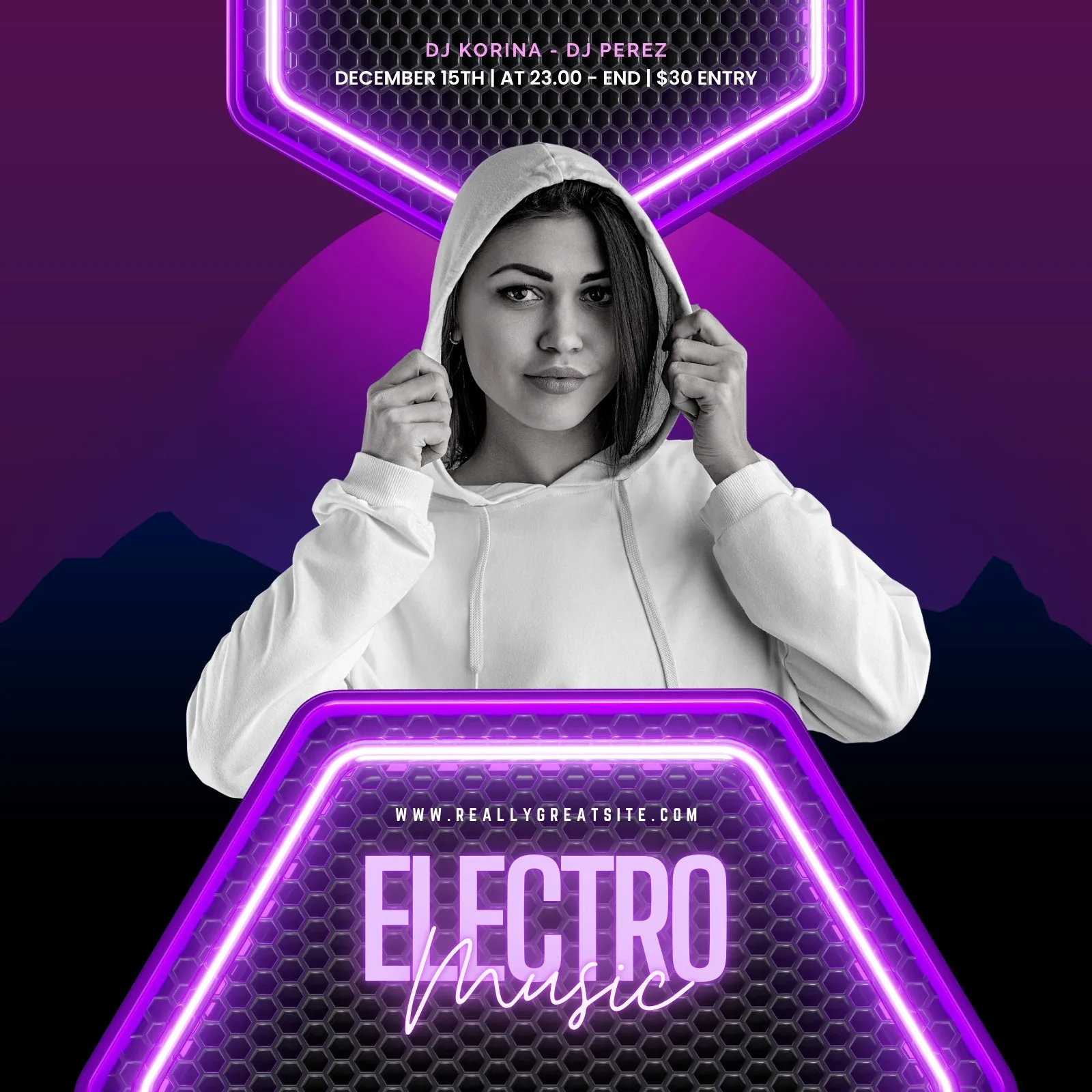 Post para evento de música eletrônica com uma mulher usando moletom com capuz, em destaque, com fundo roxo e preto com elementos neon e detalhes hexagonais, anunciando 'Electro Music'.