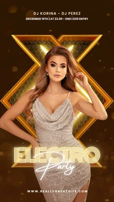 Template de Instagram Story para festa eletrônica com fundo dourado e preto, apresentando uma mulher com vestido brilhante e texto 'ELECTRO Party' em destaque. Inclui informações sobre DJs e data do evento.