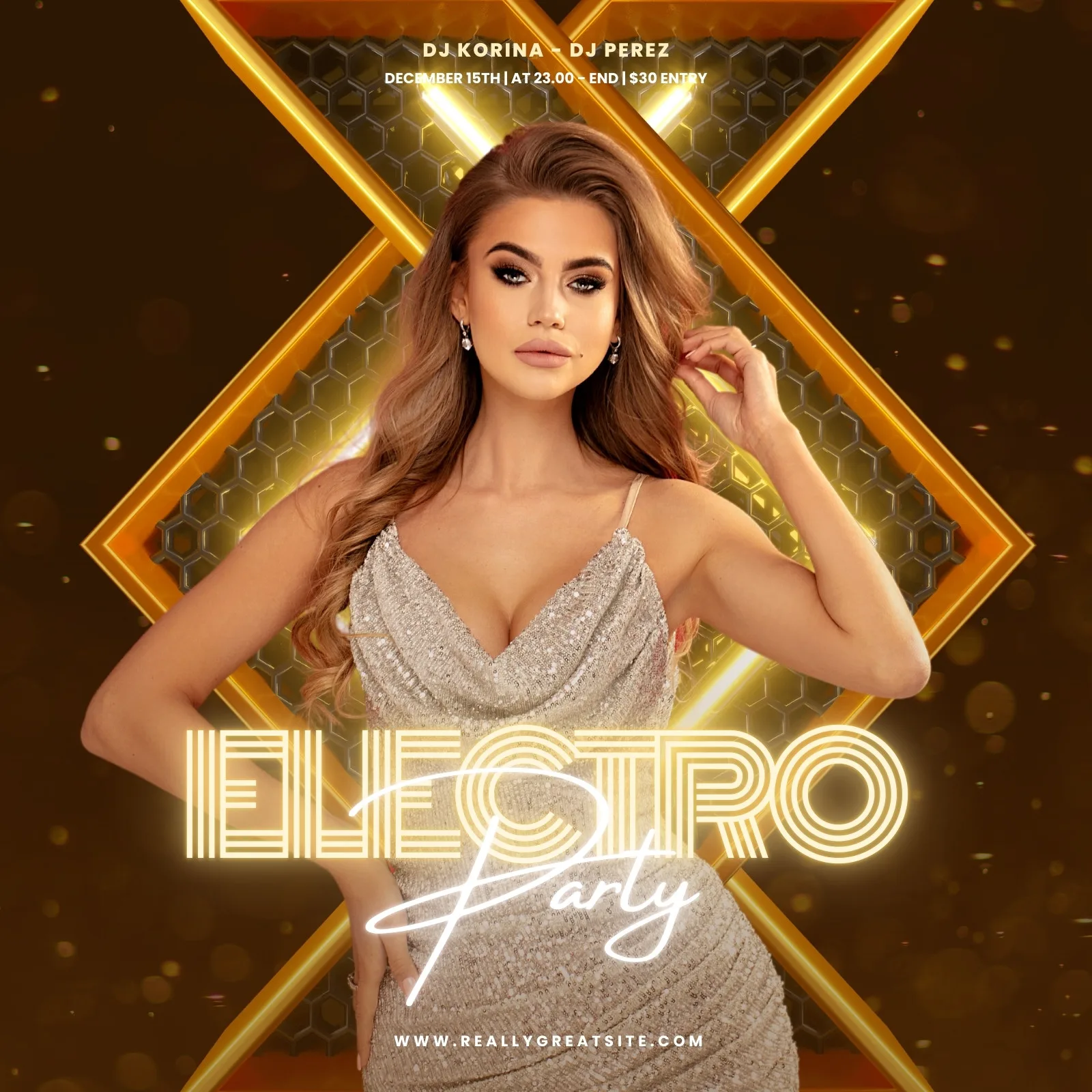 Template de post para Instagram de festa eletrônica com fundo preto e dourado, uma mulher em destaque com vestido brilhante e o título 'ELECTRO Party' em neon. Informações de DJs e data do evento visíveis.