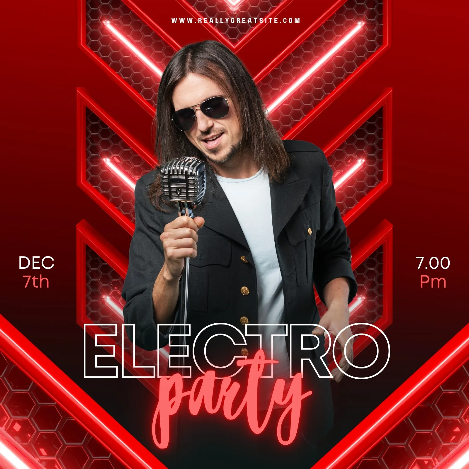 Post para redes sociais com fundo vermelho e preto, apresentando um homem de óculos escuros segurando um microfone vintage. O texto 'Electro Party' em destaque sugere um evento de música eletrônica, com data e horário visíveis.