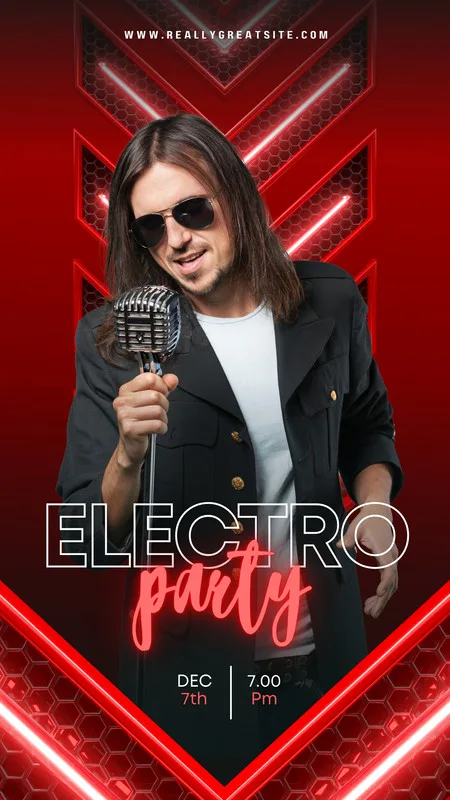 Um homem com óculos escuros e cabelo comprido segura um microfone vintage, vestindo um blazer preto. O fundo é vermelho com detalhes geométricos e neon. O texto 'ELECTRO party' em destaque, com data e hora abaixo. Ideal para divulgar eventos musicais.