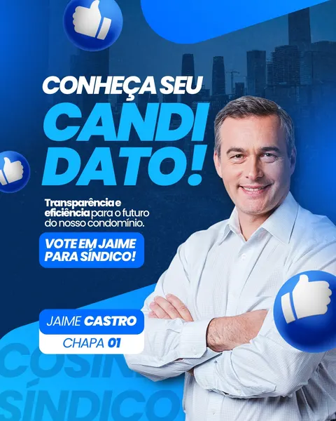 Post para Instagram e Facebook com fundo azul escuro e detalhes em azul claro e branco. Um homem sorri com os braços cruzados, com o texto "Conheça seu candidato!" e "Vote em Jaime para Síndico!". Ícones de polegar para cima flutuam.