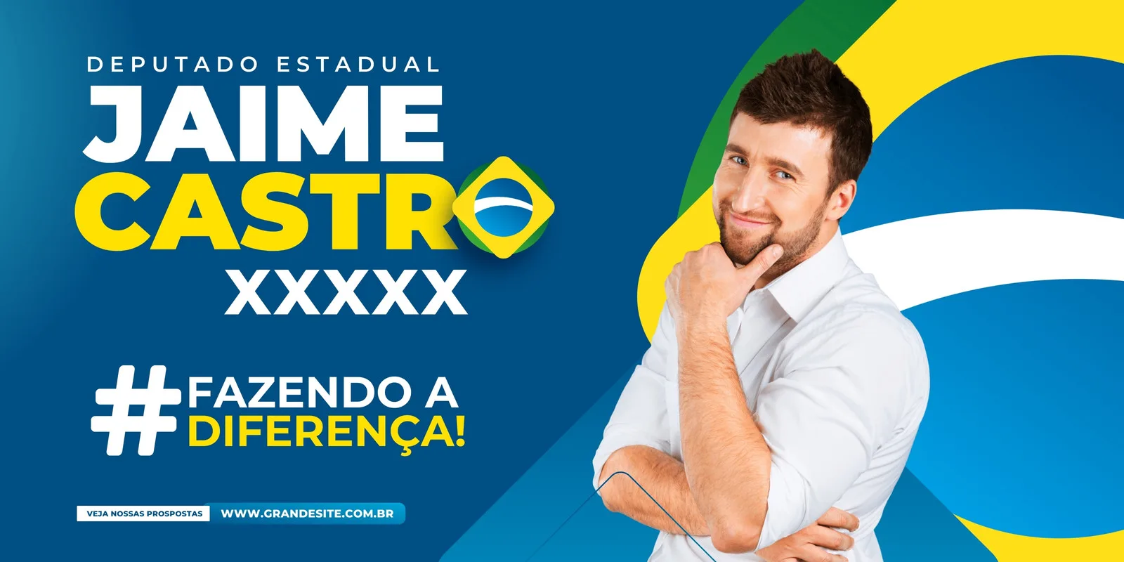 Banner horizontal de campanha eleitoral para Deputado Estadual, com o nome "JAIME CASTRO" em destaque. Fundo azul com elementos gráficos nas cores verde e amarelo do Brasil. Um homem sorri pensativo, com a mão no queixo. Inclui o slogan "FAZENDO A DIFERENÇA!".