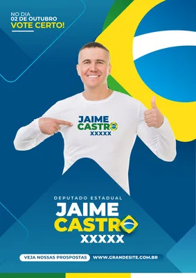 Template de post para campanha eleitoral com um candidato sorrindo e fazendo sinal de positivo. O fundo azul vibrante exibe elementos da bandeira do Brasil, com o nome do candidato e a data da eleição em destaque. Ideal para divulgar propostas e convocar para o voto.