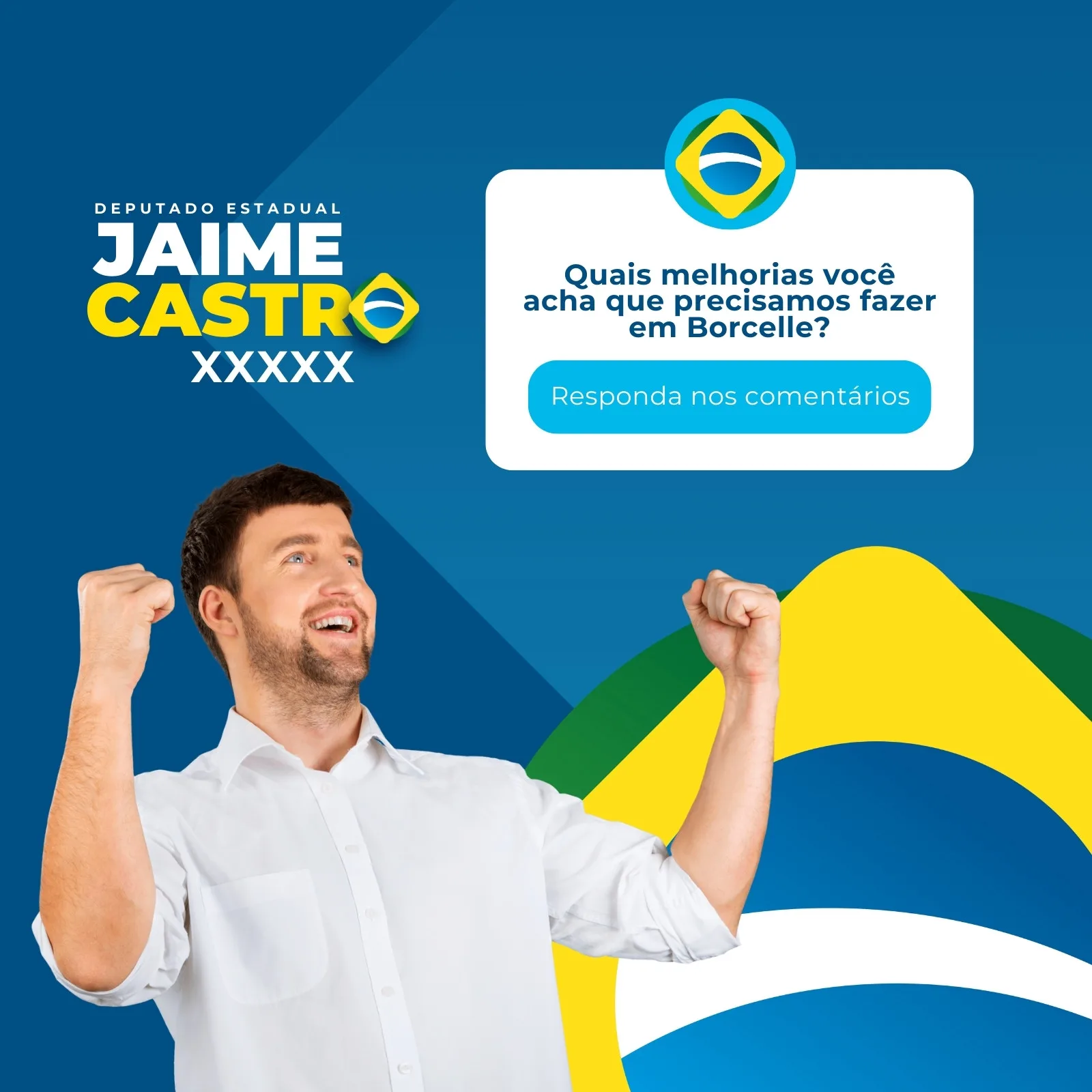 Post de campanha eleitoral para deputado estadual, com fundo azul vibrante e elementos da bandeira do Brasil em verde e amarelo. Um homem sorri com os punhos erguidos, transmitindo otimismo. Um balão de fala convida à interação: 'Quais melhorias você acha que precisamos fazer em Borcelle? Responda nos comentários.'