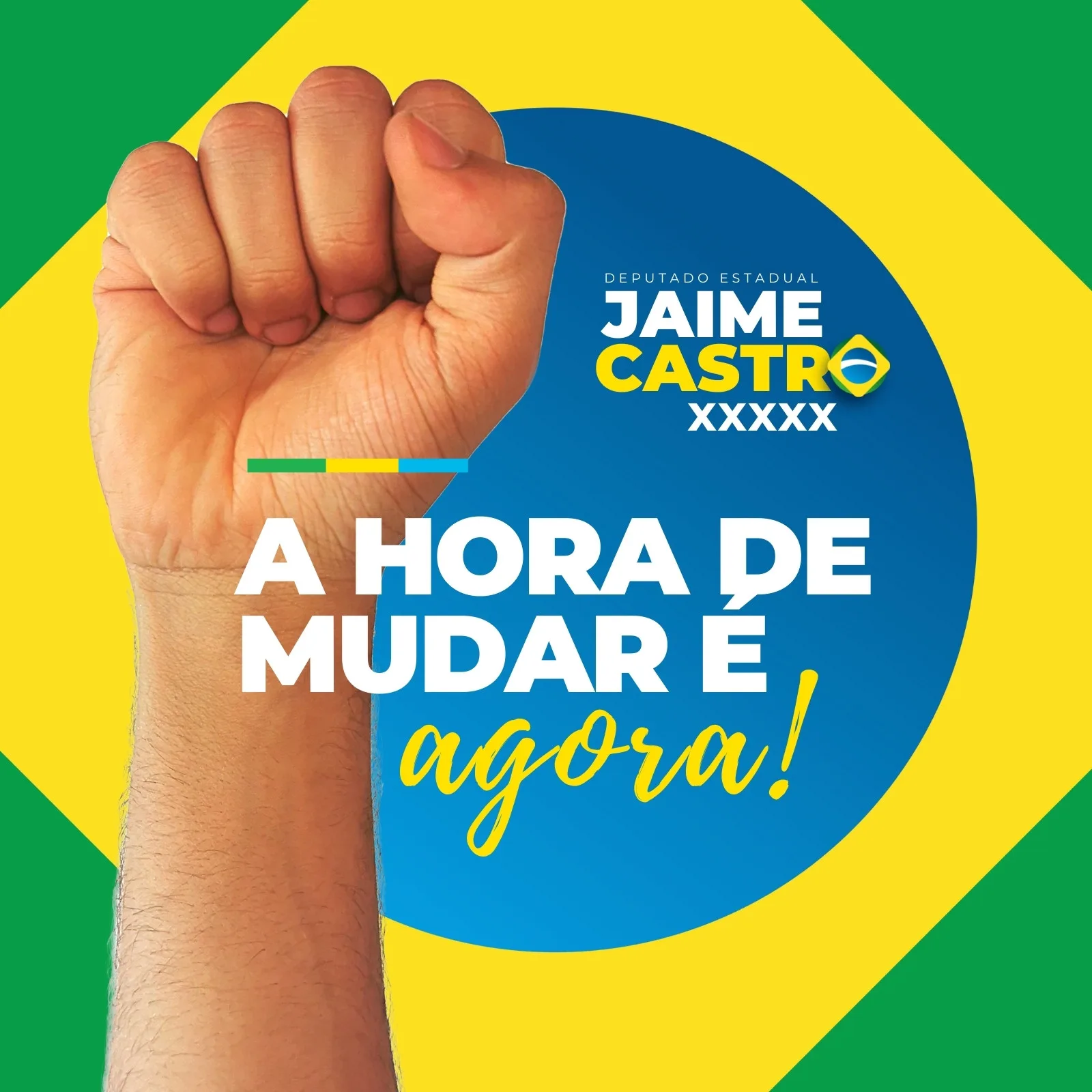 Post de campanha eleitoral com fundo nas cores da bandeira do Brasil (verde, amarelo, azul). Um punho cerrado é exibido em destaque, com a frase 'A hora de mudar é agora!' em letras brancas. Abaixo, o nome do candidato 'JAIME CASTRO' e o cargo 'DEPUTADO ESTADUAL'.