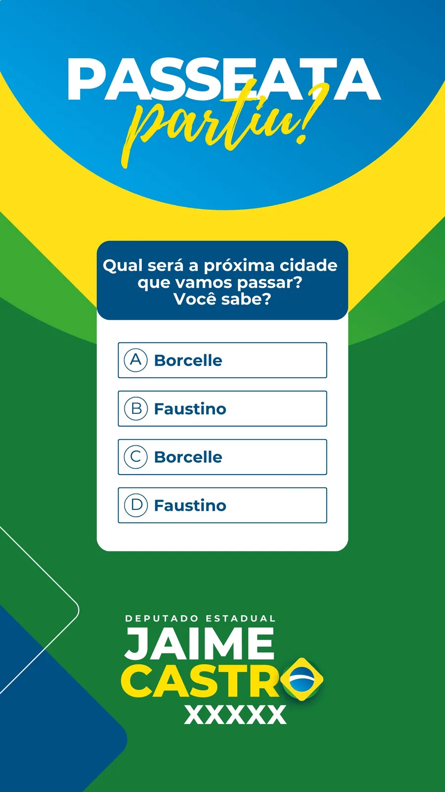 Template de Story para Instagram com fundo nas cores do Brasil (azul, amarelo, verde). Destaca o título 'Passeata Partiu!' e uma enquete sobre a próxima cidade a ser visitada, com opções de resposta. Inclui espaço para nome do candidato, cargo e número.