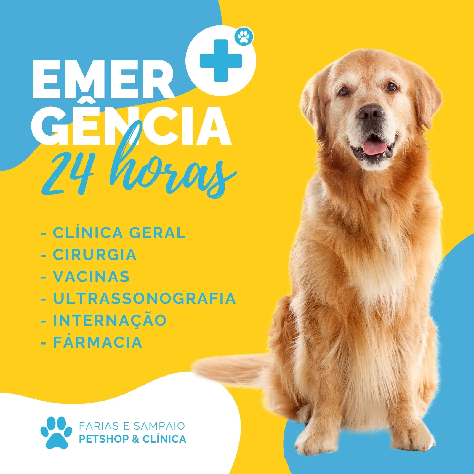 Post para Instagram com fundo amarelo e azul, anunciando "Emergência 24 Horas" para clínica veterinária e petshop. Inclui lista de serviços como clínica geral, cirurgia, vacinas e internação, com a imagem de um cão golden retriever ao lado.