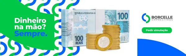 Banner horizontal para empresa de empréstimos com o slogan "Dinheiro na mão? Sempre." em destaque. Pilhas de notas de R$100 e moedas de ouro aparecem ao lado de um botão "Pedir simulação". O design é moderno com formas abstratas em verde, azul e branco.
