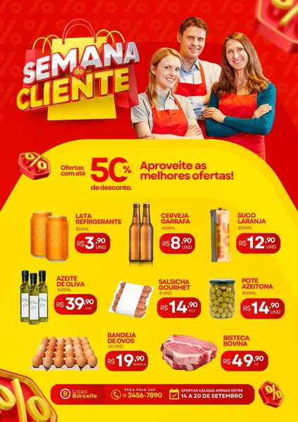 Encarte de supermercado com o tema Semana do Cliente, destacando ofertas de 50% de desconto. Inclui imagens de produtos como latas de refrigerante, garrafas de cerveja, azeite, salsicha, ovos, carne e azeitonas, com preços promocionais em destaque. O design é vibrante em amarelo e vermelho.