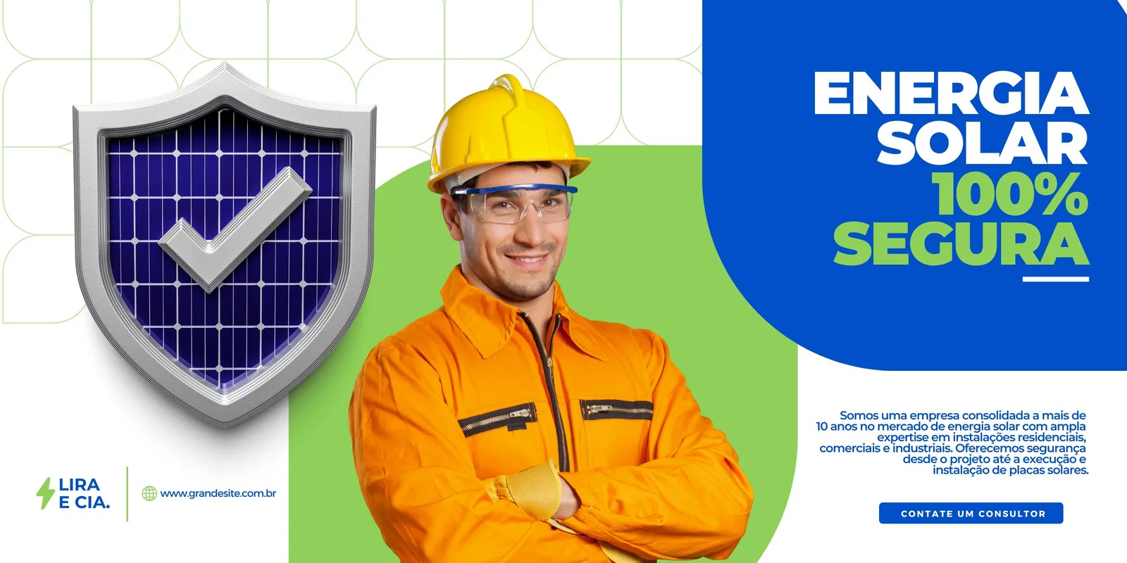 Banner horizontal com um homem sorridente vestindo uniforme de trabalho laranja e capacete amarelo. Ao lado, um escudo com um painel solar e um checkmark indicam segurança. O texto principal é 'Energia Solar 100% Segura'.