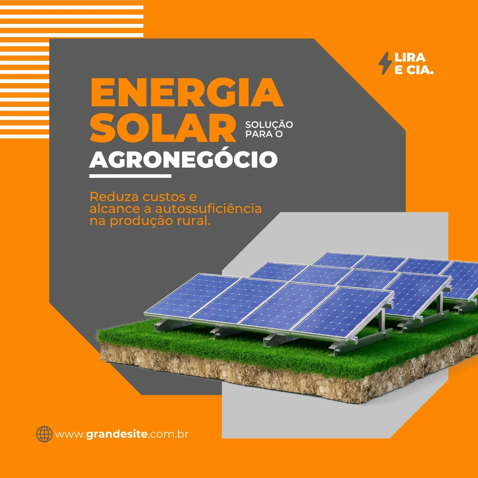 Post para Instagram com fundo cinza e laranja vibrante, destacando painéis solares sobre um pedaço de terra com grama verde. O texto principal é 'Energia Solar Solução para o Agronegócio', com subtítulo sobre redução de custos e autossuficiência.