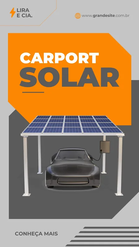Template de Instagram Story com fundo cinza e laranja vibrante. Destaca um carport moderno com painéis solares e um carro elétrico em carregamento, com o texto "CARPORT SOLAR". Ideal para divulgação de energia renovável.