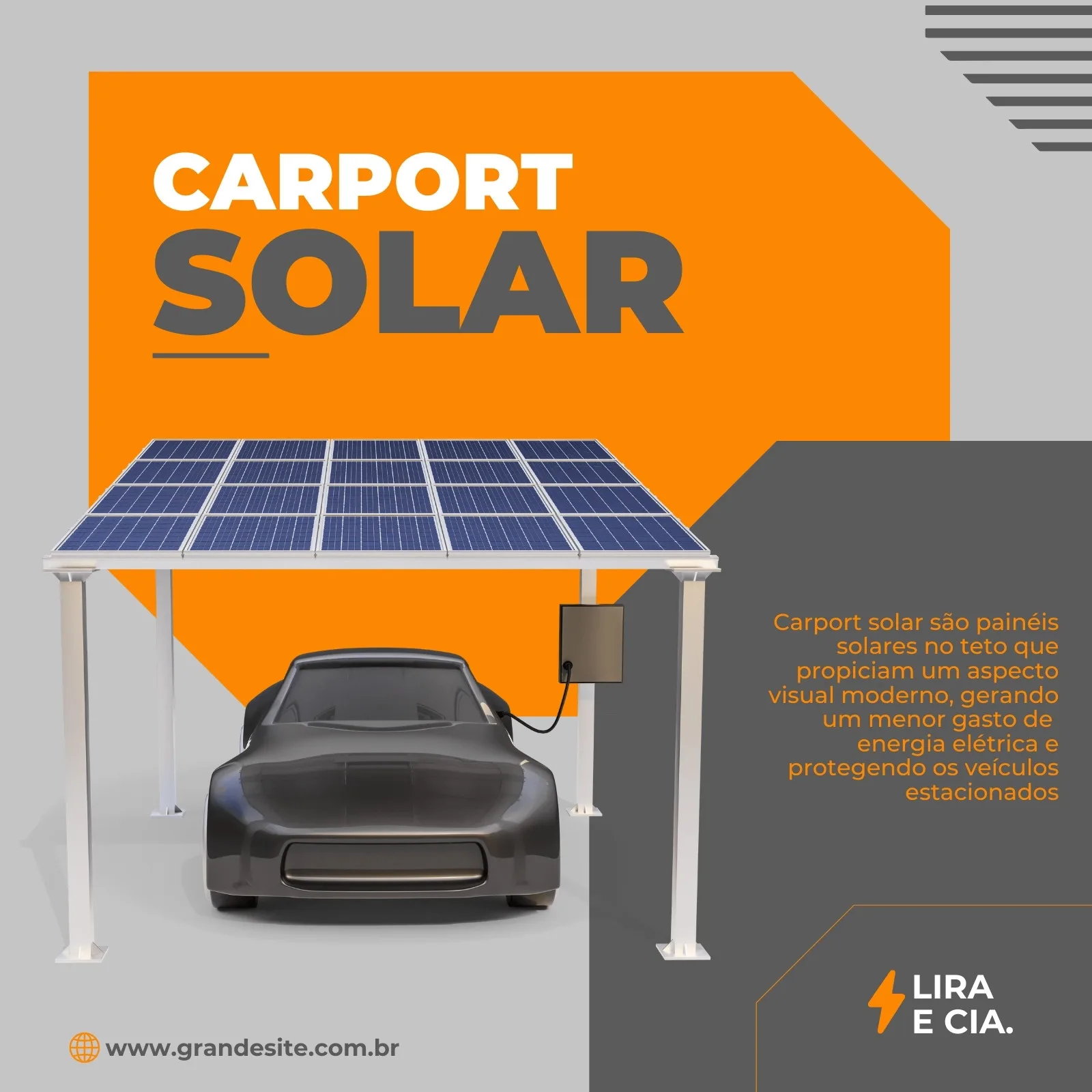 Post para Instagram com design moderno em laranja e cinza, apresentando um Carport Solar com painéis fotovoltaicos sobre um carro elétrico. Destaca a tecnologia sustentável e a economia de energia.