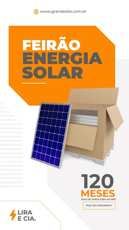 Story de Instagram para feirão de energia solar, com fundo branco e laranja. Destaca um painel solar e uma caixa aberta, com texto sobre financiamento em 120 meses e taxa de juros baixa. Inclui um botão para pedir orçamento.