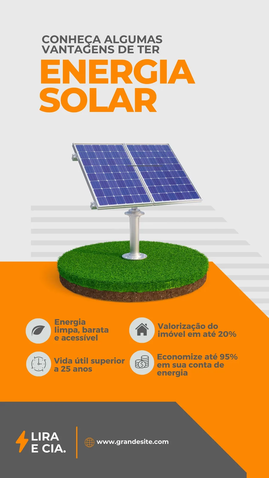 Template de Instagram Story com fundo cinza e detalhes em laranja, destacando um painel de energia solar sobre um círculo de grama. Apresenta ícones e textos sobre as vantagens da energia solar, como economia e durabilidade.