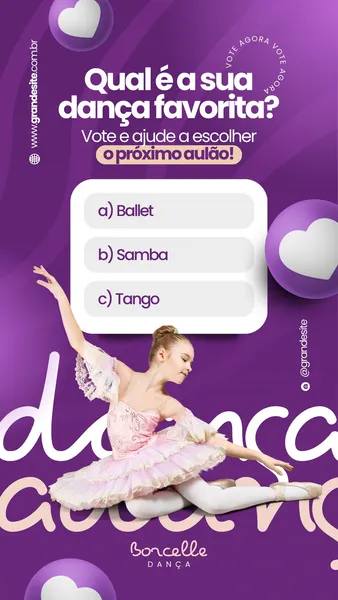 Template de Instagram Story em tons de roxo e rosa, com uma bailarina jovem em pose clássica. O design apresenta uma enquete interativa 'Qual é a sua dança favorita?' com opções Ballet, Samba e Tango, e corações flutuantes. Ideal para escolas de dança engajarem alunos e seguidores, promovendo participação em aulões.