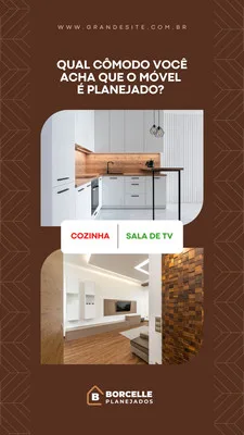 Template de Story para Instagram com fundo marrom e bege, apresentando duas fotos de ambientes planejados: uma cozinha moderna e uma sala de TV elegante. O texto central pergunta "Qual cômodo você acha que o móvel é planejado?" com opções "Cozinha" e "Sala de TV".