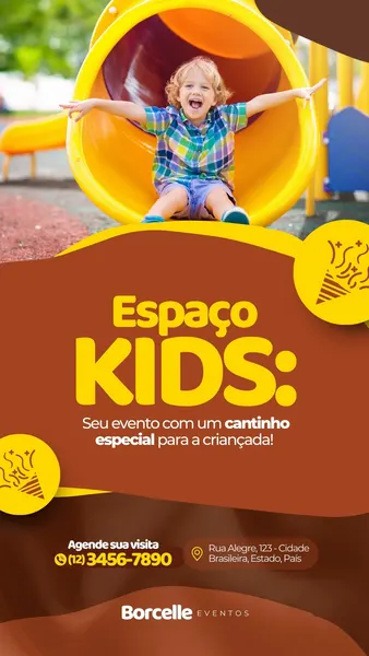 Um Story do Instagram com um menino sorrindo e feliz descendo um escorregador amarelo em um playground. O design apresenta uma base marrom com detalhes amarelos vibrantes, destacando o texto "Espaço KIDS". Inclui informações de contato e endereço, além de ícones de festa, promovendo um local para eventos infantis e familiares.