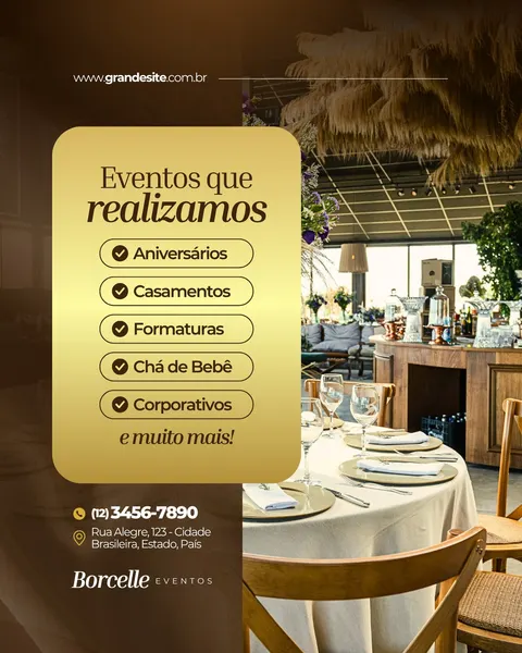 Post para Instagram com fundo marrom e dourado, destacando a frase 'Eventos que realizamos' e uma lista de serviços como Aniversários, Casamentos, Formaturas e Corporativos. Ao fundo, uma mesa posta elegantemente para um evento.