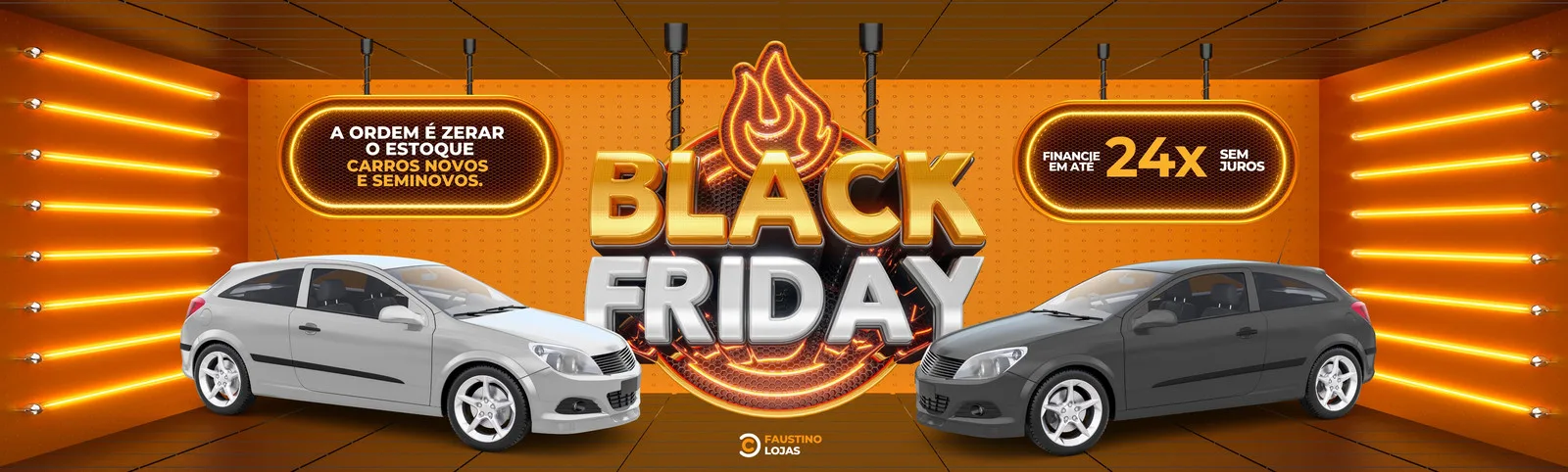 Banner horizontal de Black Friday com dois carros, um cinza e um preto, em um ambiente com iluminação neon laranja vibrante. O texto "Black Friday" em destaque, com ofertas de "A ordem é zerar o estoque" e "Financie em até 24x sem juros".