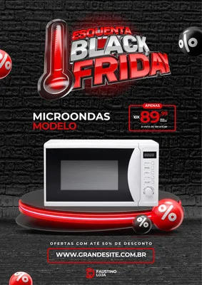 Template de post para redes sociais com tema 'Esquenta Black Friday'. Apresenta um micro-ondas em destaque, um termômetro indicando alta temperatura e esferas com o símbolo de porcentagem. As cores predominantes são vermelho, cinza e branco, com um fundo texturizado.