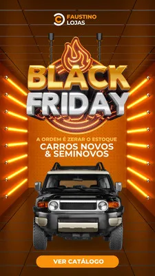 Template de Story para Instagram com tema Black Friday. Um carro preto em destaque, com iluminação neon laranja e o texto 'Black Friday' em 3D dourado e prateado. Ideal para lojas de carros anunciarem promoções.