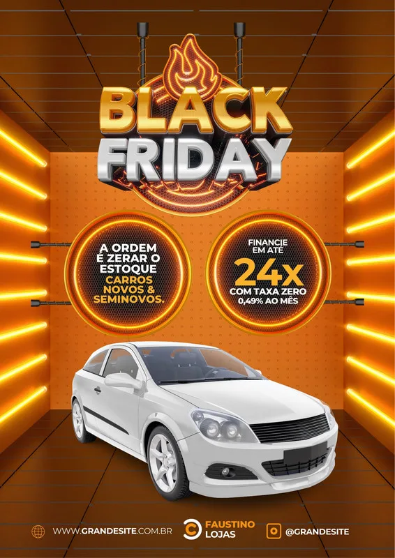 Cartaz de Black Friday para loja de carros, com fundo laranja vibrante e luzes neon. Um carro branco em destaque, com chamadas para 'A ordem é zerar o estoque' e 'Financie em até 24x com taxa zero'.