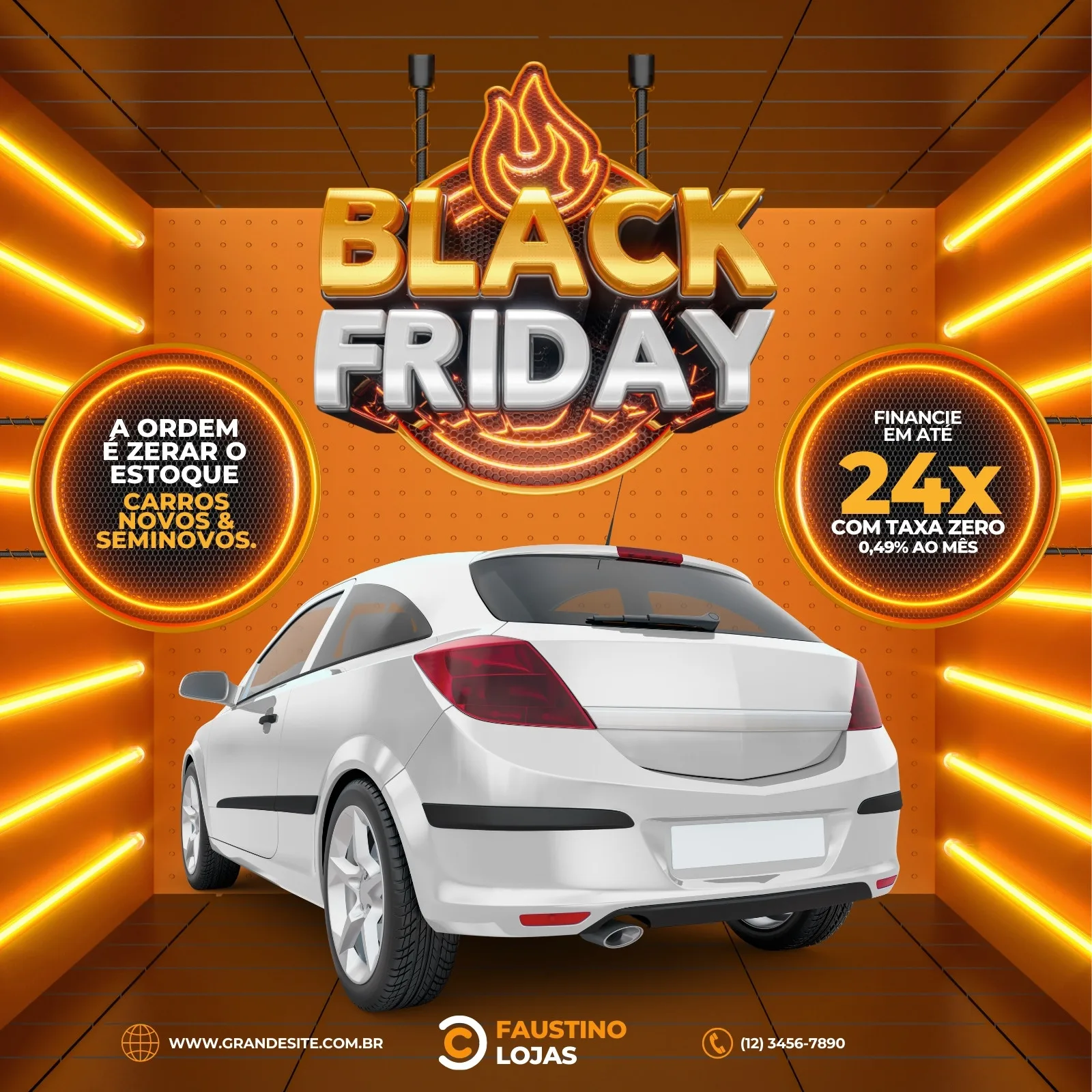 Template de post para Instagram e Facebook anunciando Black Friday em loja de carros. Um carro branco em destaque, com o logo 'Black Friday' em 3D e informações sobre ofertas e financiamento. O fundo é laranja com luzes neon.