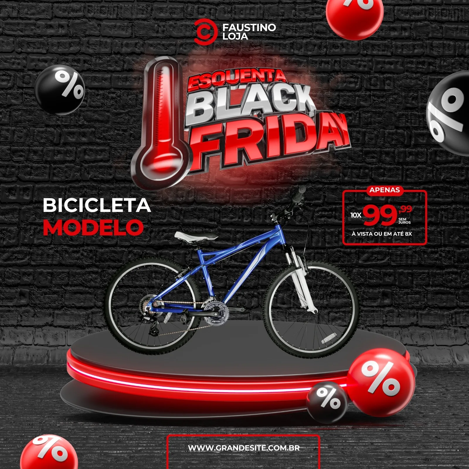 Post para Instagram com tema de Black Friday, anunciando oferta de bicicleta. Fundo preto texturizado, termômetro vermelho indicando 'esquenta', bicicleta azul em destaque sobre plataforma iluminada, e esferas com símbolo de porcentagem.
