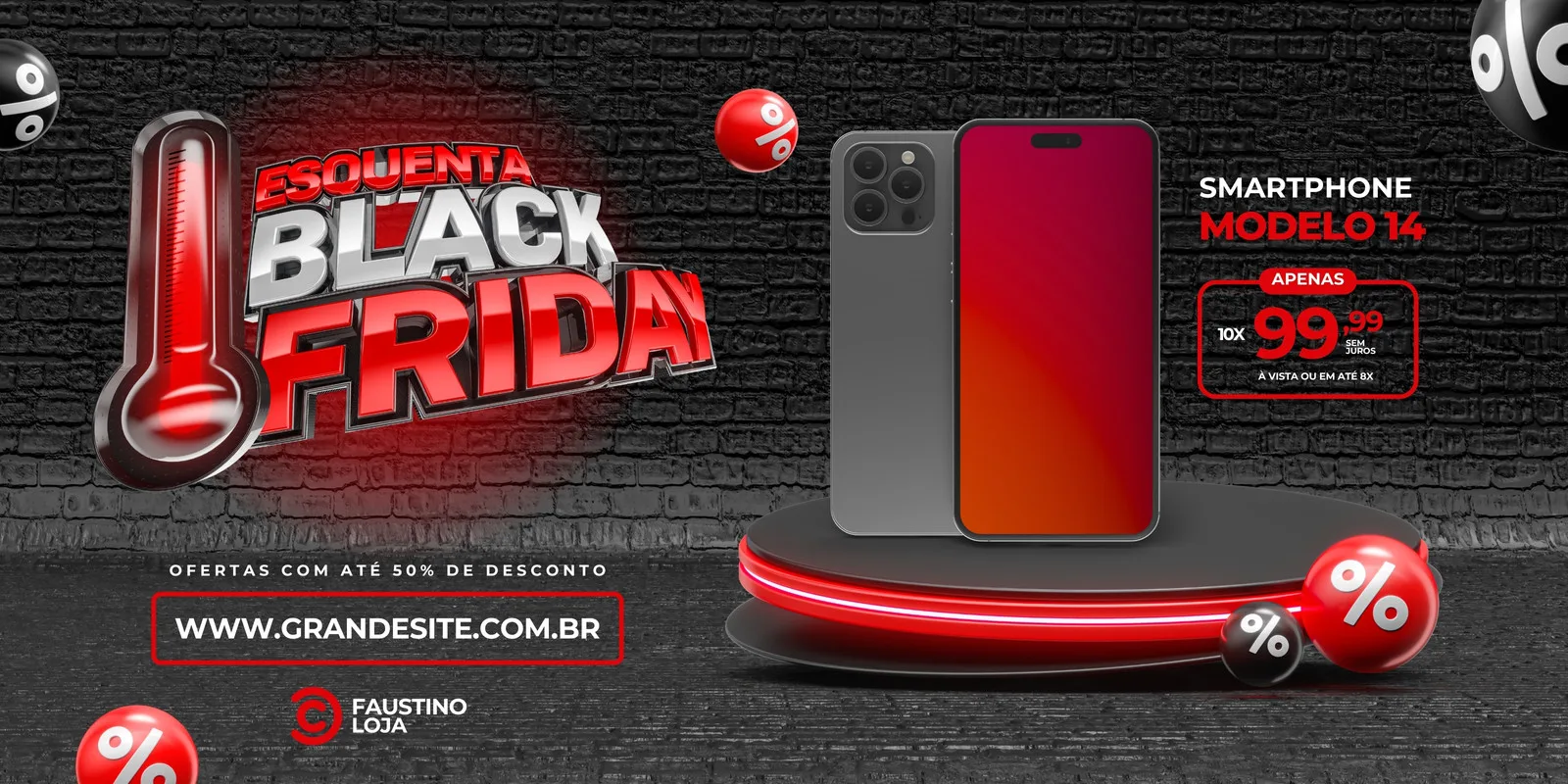 Banner horizontal com tema de Black Friday para smartphones. Um termômetro vermelho indica 'Esquenta Black Friday', ao lado de um smartphone moderno em destaque. O design em vermelho, cinza e preto anuncia ofertas e um preço promocional.