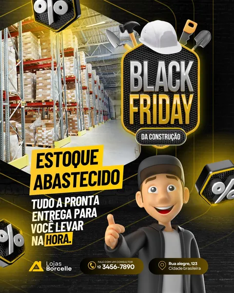 Template de Instagram para Black Friday de construção, com fundo de armazém e prateleiras cheias de produtos. Destaca o texto 'Estoque Abastecido' e 'Black Friday da Construção' em amarelo e preto, com ícones de ferramentas e um personagem sorridente.
